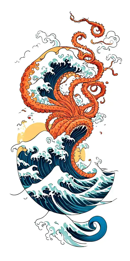 Japanese waves on the chest then a large tentacle comes out o…