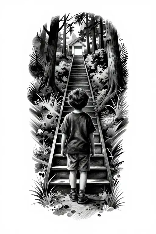 Child in front staircase to haven beetween forest and…