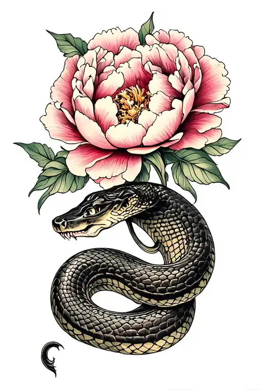 Snake intertwined in peony flowers