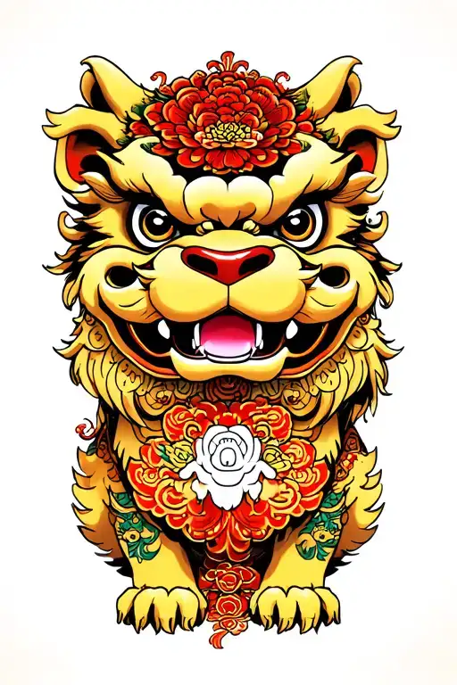 traditional chinese tattoo with a foo dog at base pro…
