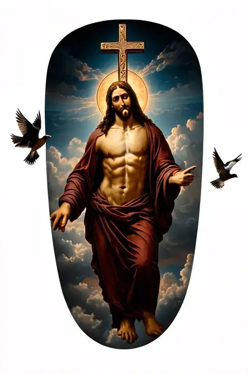 Cross necklace around Jesus and birds flying around the cloud…