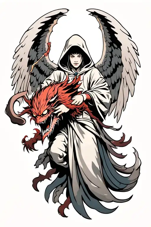 Hooded arch angel defeating a demon