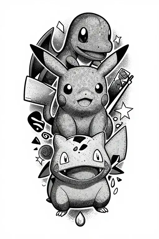 Pikachu, charmander and balbasaur portrait style tattoo