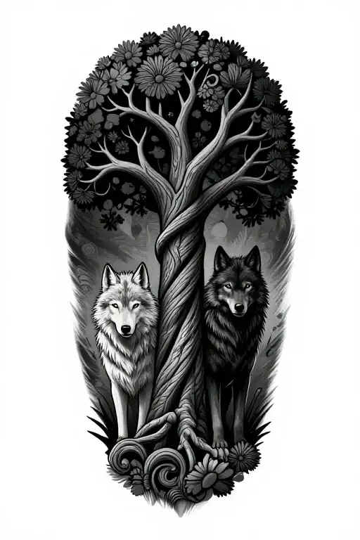 Tree of life and black wolf and white wolf