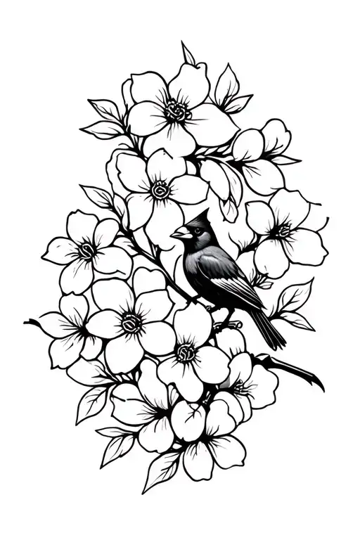 Dogwood flowers with a cardinal perched