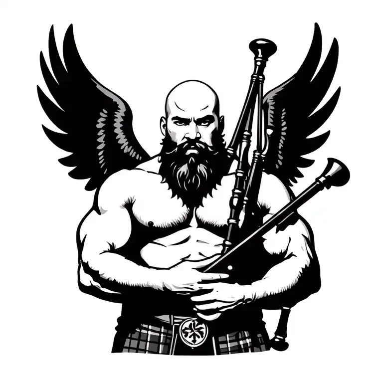 Handsome scottish bagpiper bald black beard muscular wearing…
