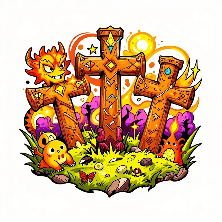 Fantasy 3 crosses on a hill tattoo with magical creatures enc…