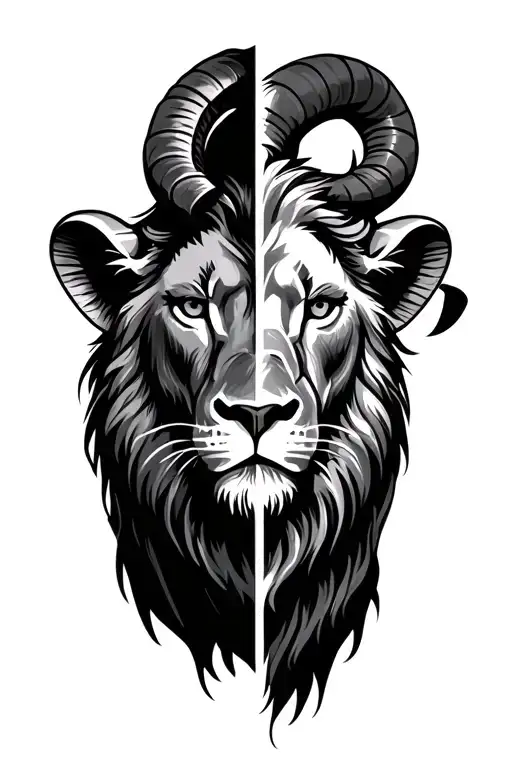 Left half lion face with right half ram face
