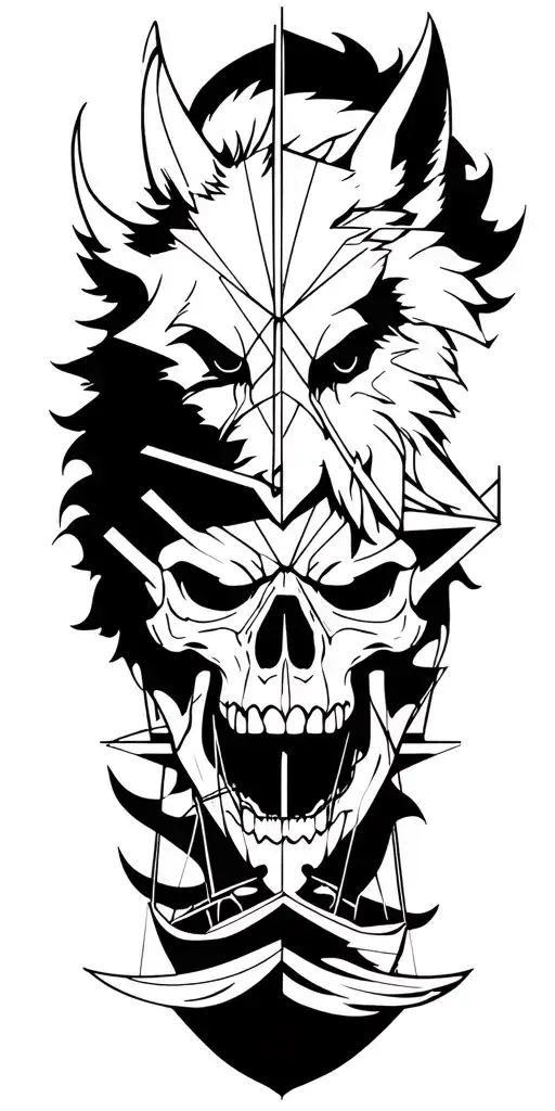 Skull, wolf, viking ship sailing