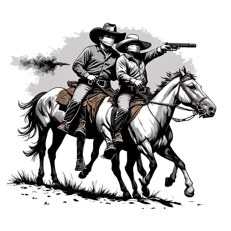 two cowboys on horseback shooting at each other. both…