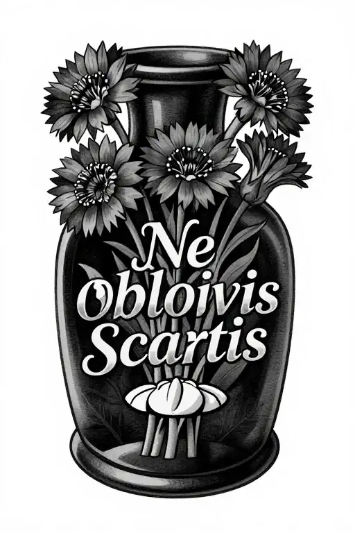 "Ne obliviscaris" Vase with cornflowers coming out of it