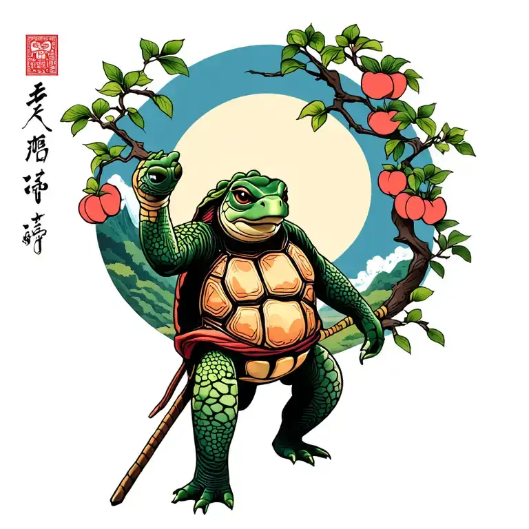 Tortoise kind kung fu turtle with staff at peach tree scene i…