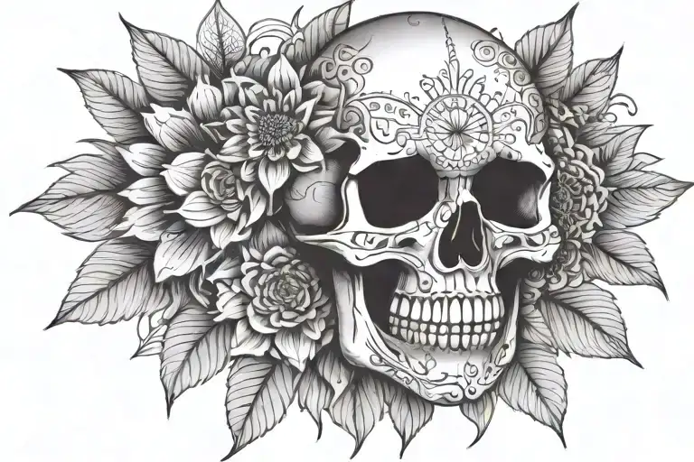 skull with mandala lotus flower, sunflowers and mushr…