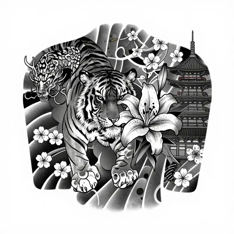 tiger lily with dragon and a Japanese tower also cher…