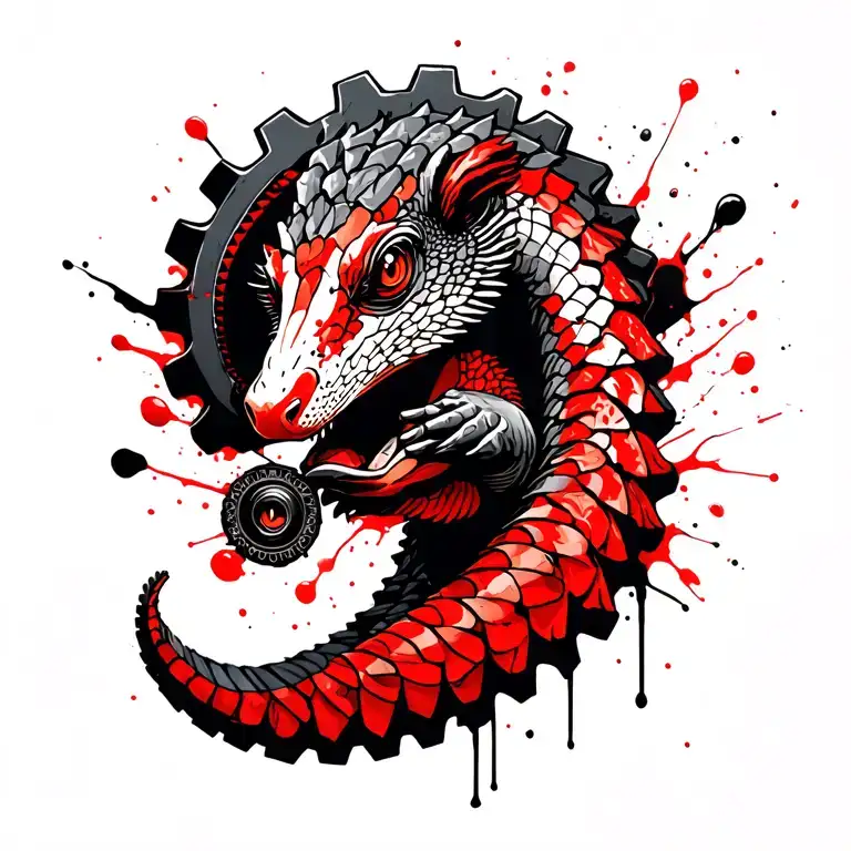 A curled up stylized pangolin holding a gear