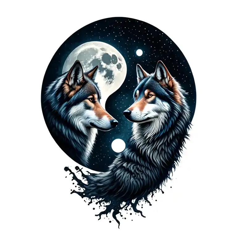 yin and yang wolfs around a full moon