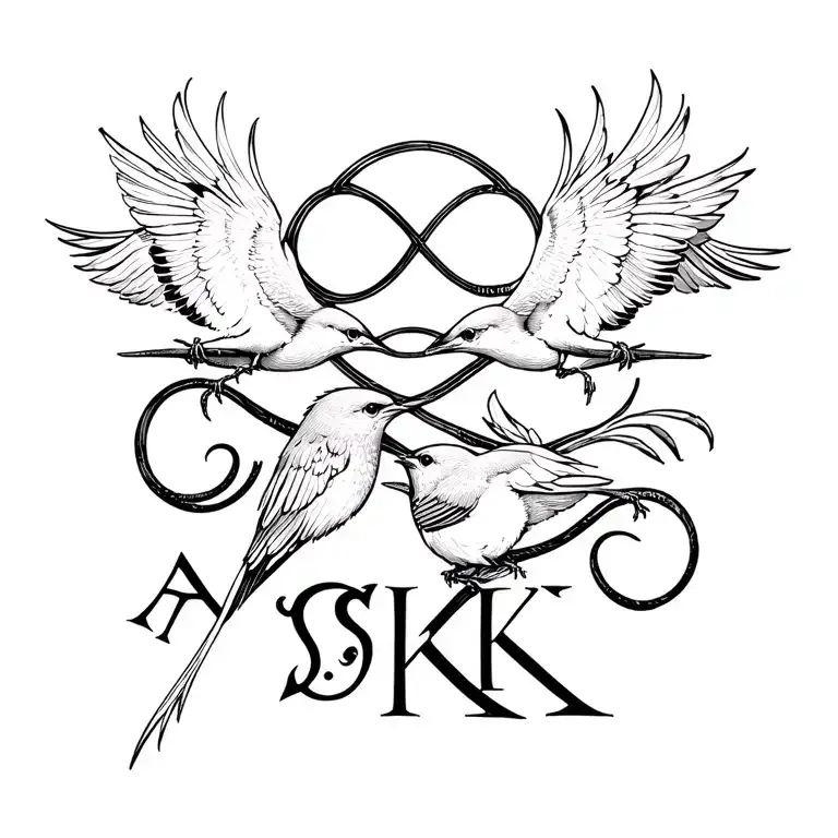 Family Tattoo with small Birds and Infinity symbol an…