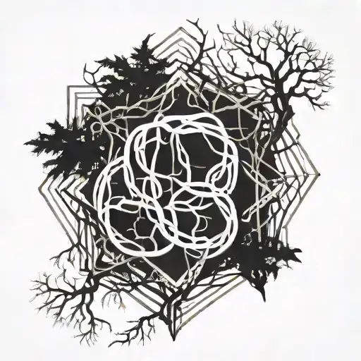 Dark entity entwined with roots or branches of dry trees