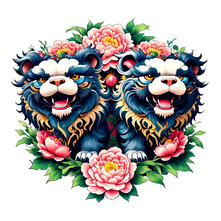 Two foo dogs surrounded by peonies