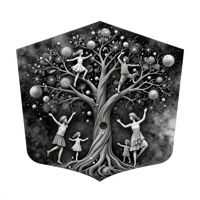 Dynamic motion-filled family tree tattoo with energy and flui…