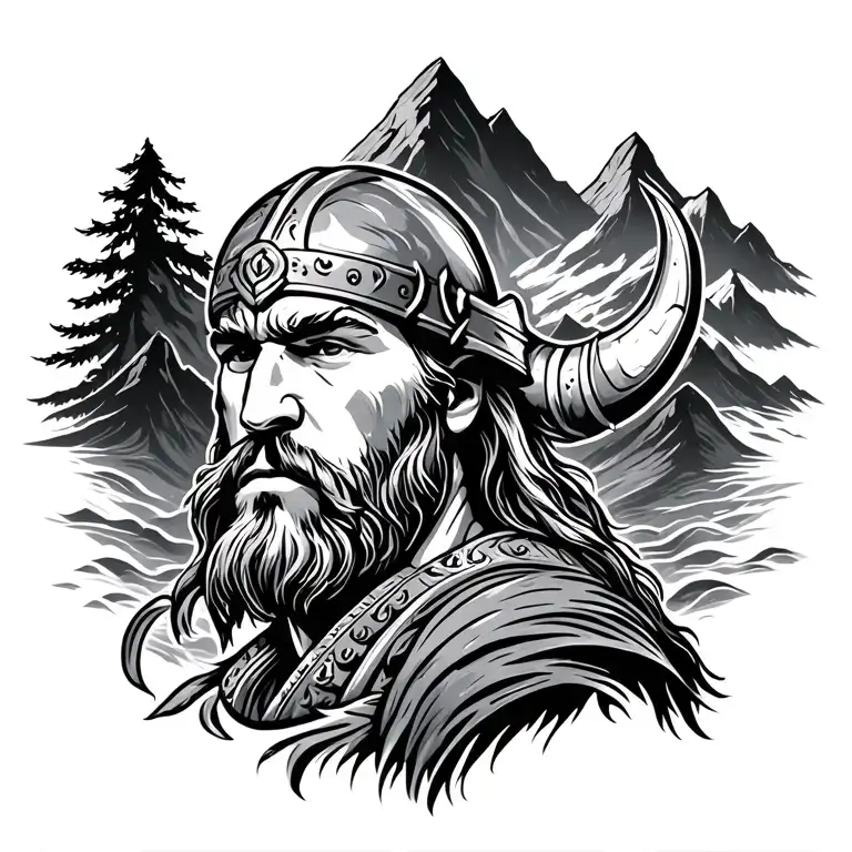 Viking warrior, mountains, waterfalls flowing