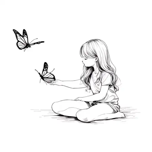 little girl sitting with knees up with butterfly near…