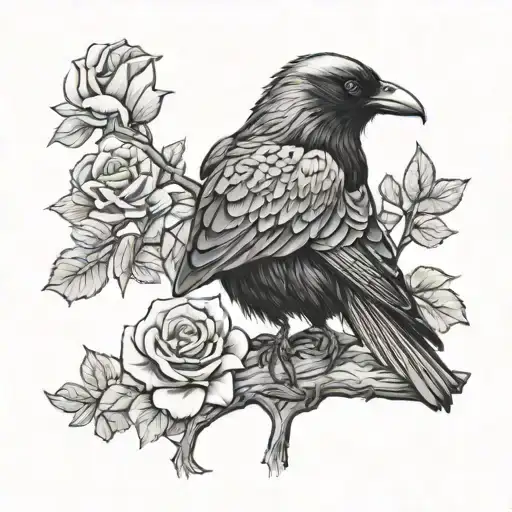 Black-and-white raven sits perched on a branch, its wings sli…