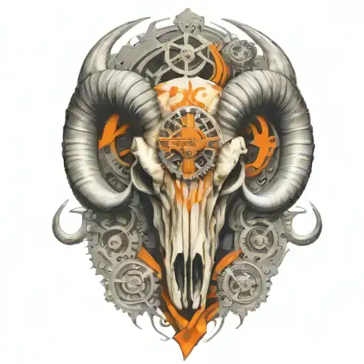 Rocky mountain ram skull, horns become exaust pipes, tattered…