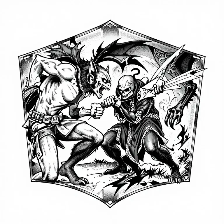 Werewolf fighting the grim reaper.