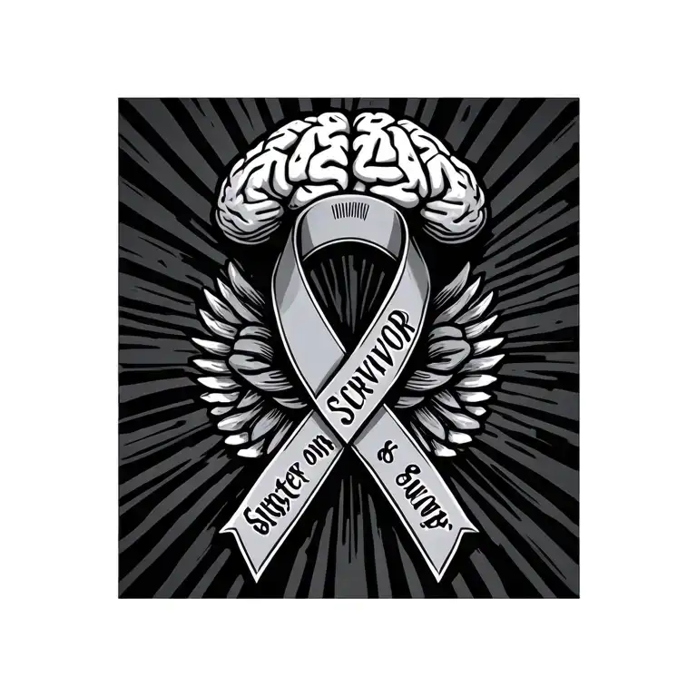 Gray brain cancer ribbon with fighter and survivor on it