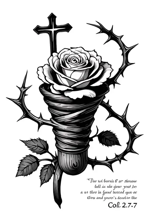 A portafilter wrapped in a rose and thorns with a cross burne…
