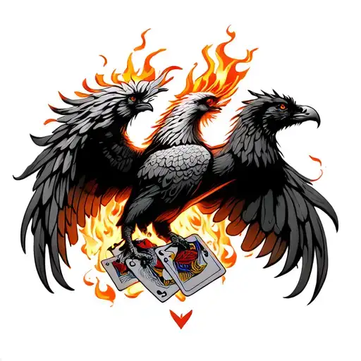 Phoenix rising into the sky above casino playing cards that a…