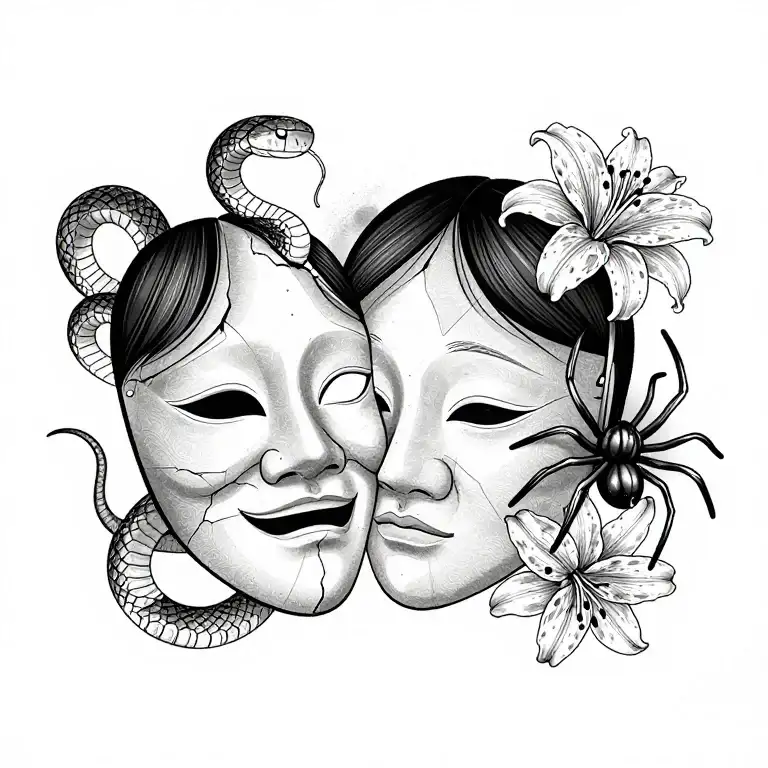 Broken hannya mask with snake and spider lilies