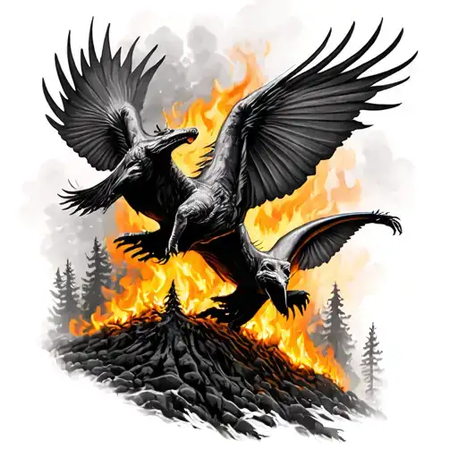 Two ravins flying over a burning forest