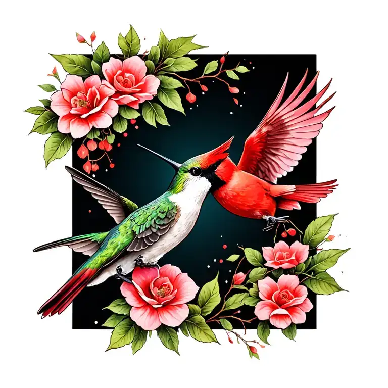 Hummingbird and cardinal flying towards
