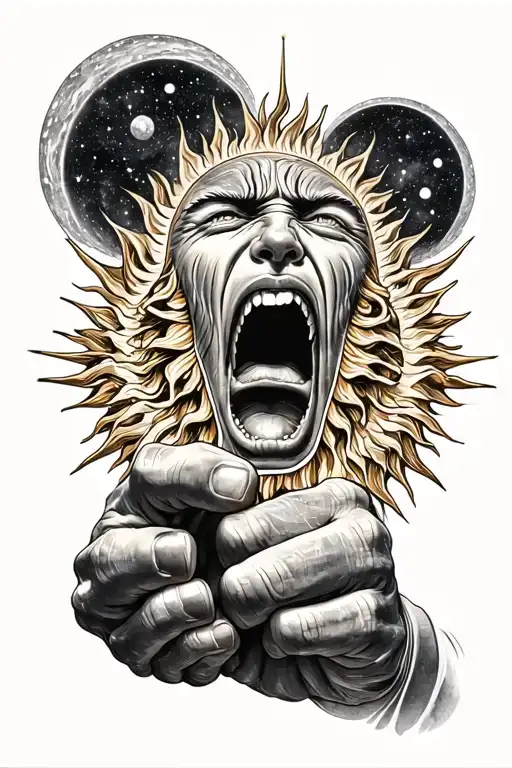 Crying sun with outstretched fist soaring through the universe