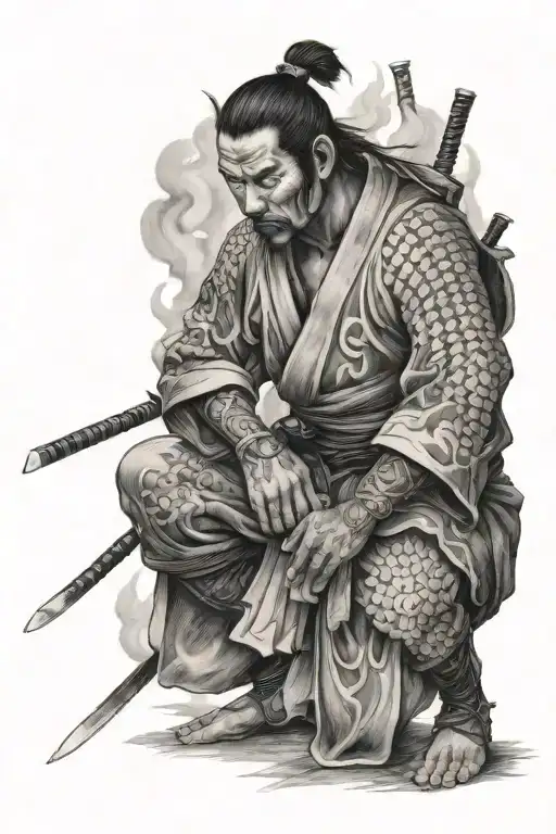A samurai on his knees as his Japanese village is burning beh…