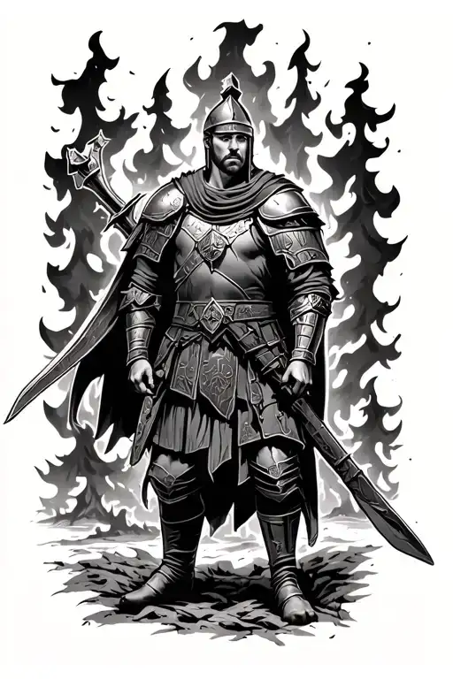 Spartian soldier standing in front of burning forest