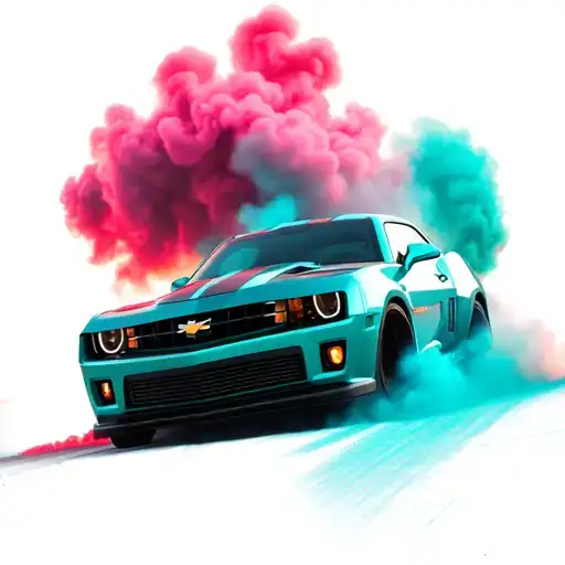 A Camaro does a burnout, smoke from the tires is turquoise, o…