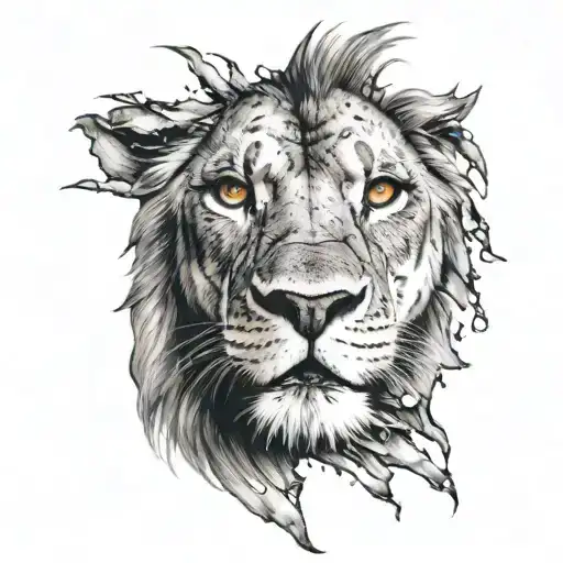 Lion face with one damaged eye and scar