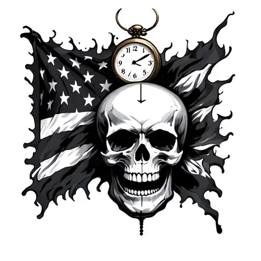 Skulls, clock, burnt flag