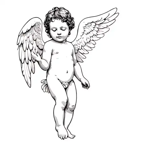 a full body baby angel w wings leaning as far forward…