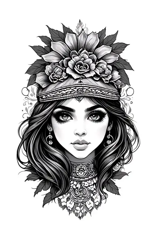 Girl looking chicano style tattoo design combining elements