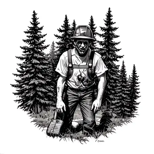 A coniferous forest with a worker who has a burning heart and…