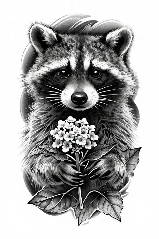 raccoon holding a lantana flower in an outstretched hand