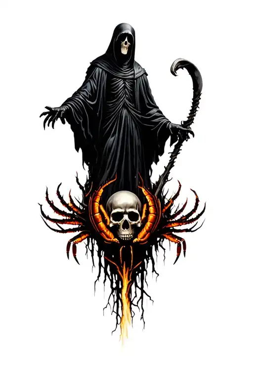 Grim reaper on top of skulls with dark background of burnt tr…