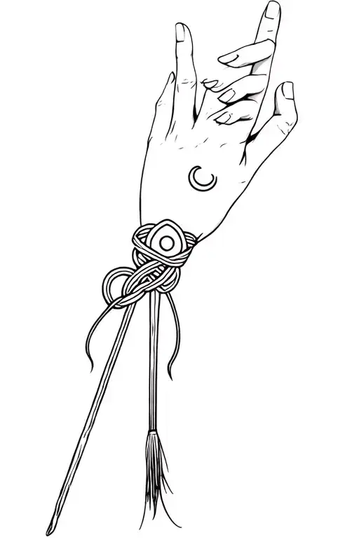 Female witchy tattoo on hand to thumb, with a witch knot, bro…