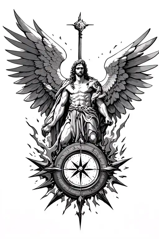 Archangel Michael, spread wings but the wingsare burning, and…