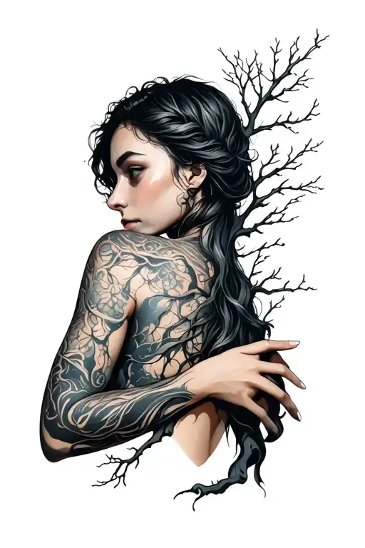 Tree branches stretching over the arm shoulder and back