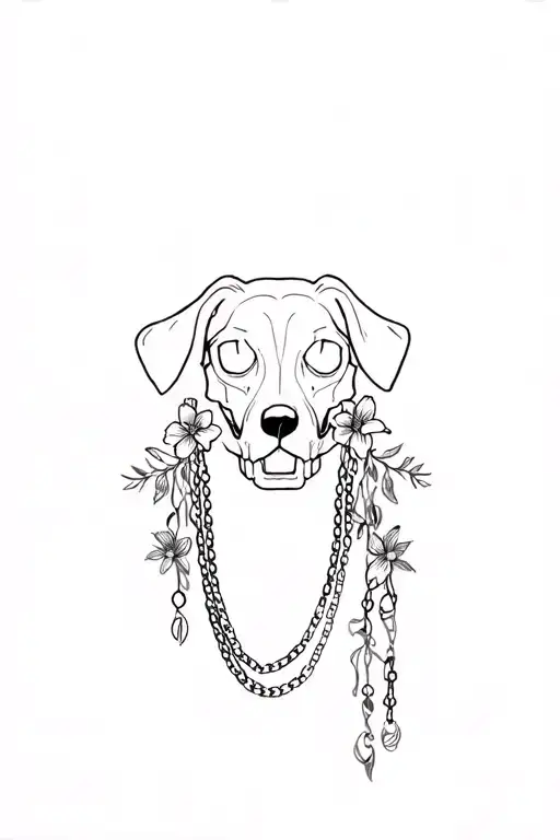 Dog skull with delicate chains and flowes